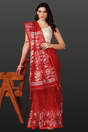 Crimson red handloom jamdani saree