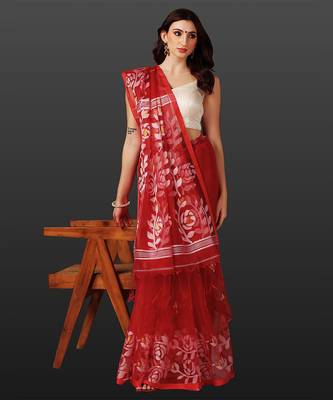 Crimson red handloom jamdani saree 5