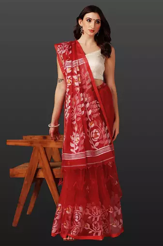 Crimson red handloom jamdani saree