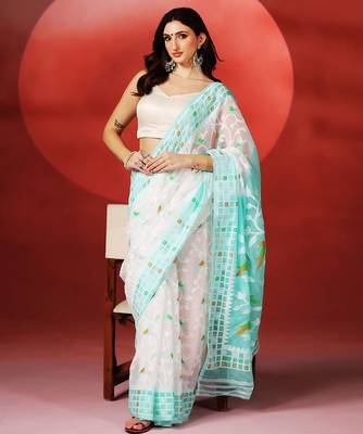 White aqua blue handloom jamdani saree 1