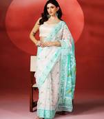 White aqua blue handloom jamdani saree