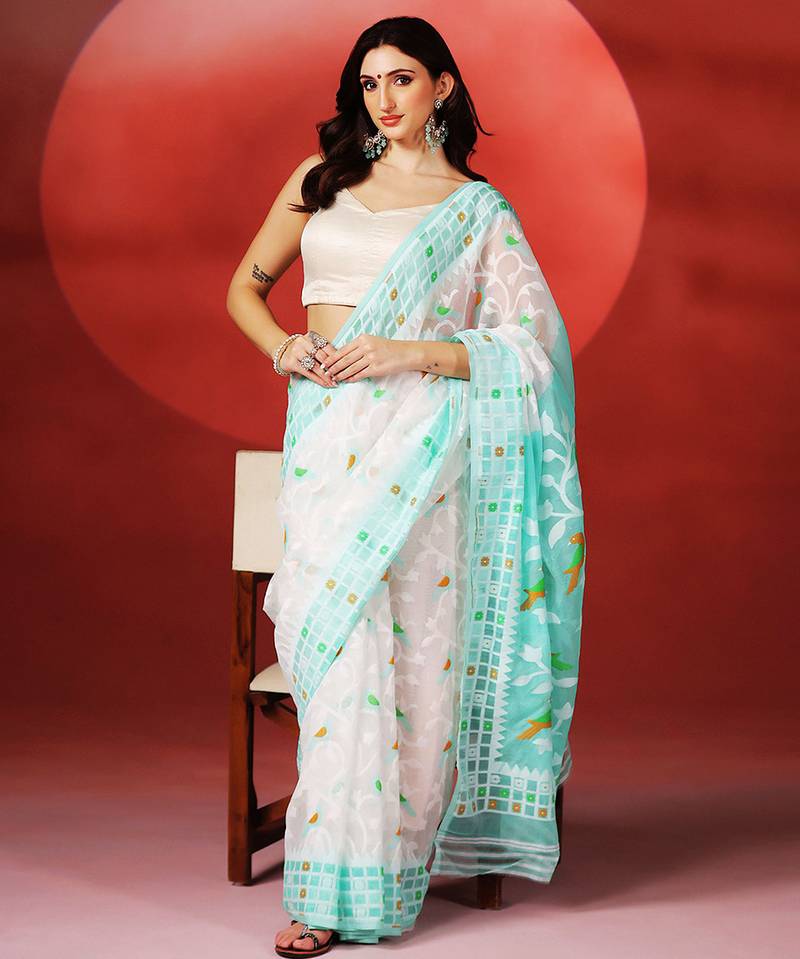 White aqua blue handloom jamdani saree
