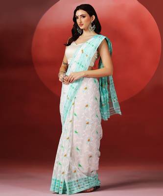 White aqua blue handloom jamdani saree 2
