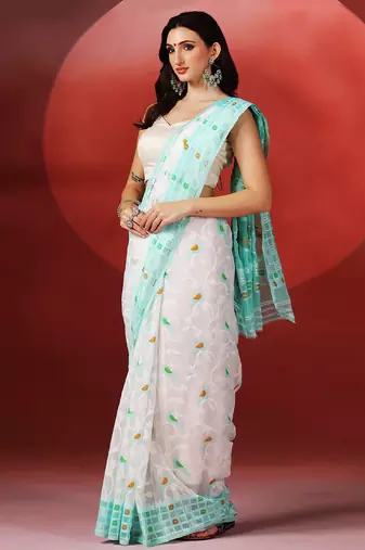 White aqua blue handloom jamdani saree