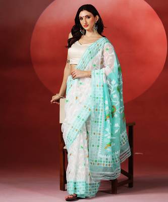White aqua blue handloom jamdani saree 4