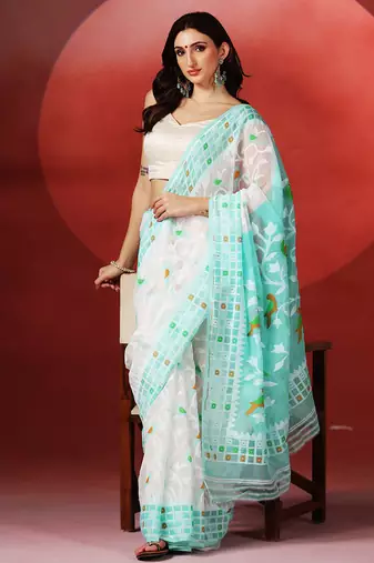 White aqua blue handloom jamdani saree