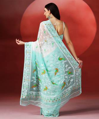 White aqua blue handloom jamdani saree 5