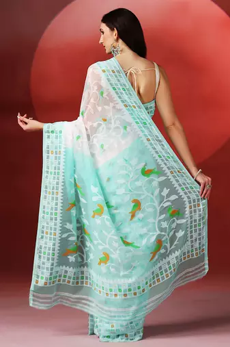 White aqua blue handloom jamdani saree