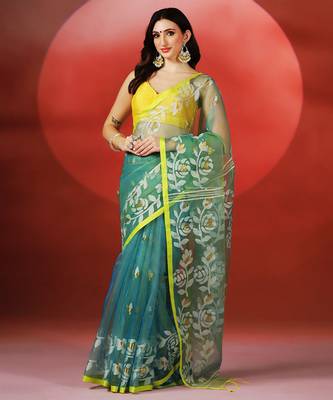 Teal blue yellow printed handloom jamdani saree 1