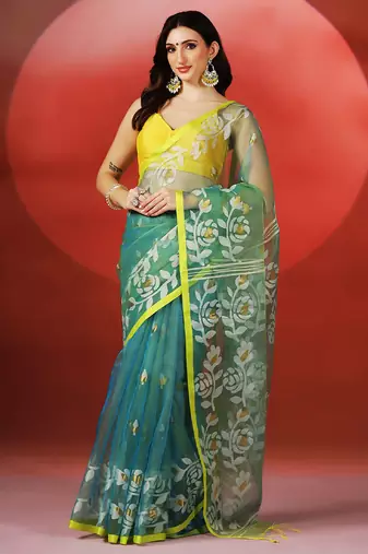 Teal blue yellow printed handloom jamdani saree
