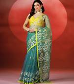 Teal blue yellow printed handloom jamdani saree