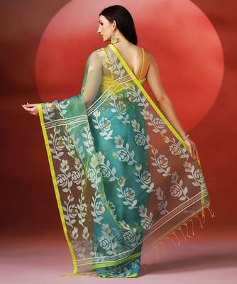 Teal blue yellow printed handloom jamdani saree 2