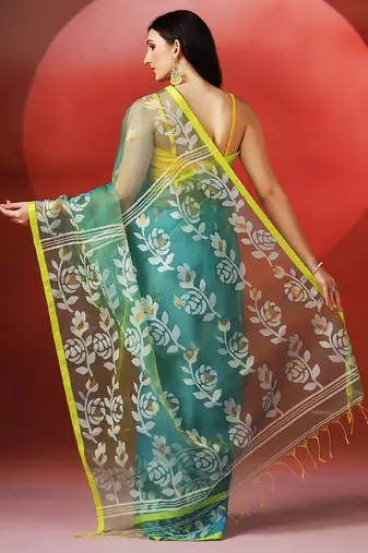 Teal blue yellow printed handloom jamdani saree