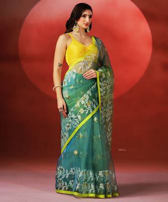 Teal blue yellow printed handloom jamdani saree 3