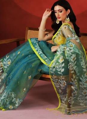 Teal blue yellow printed handloom jamdani saree 4