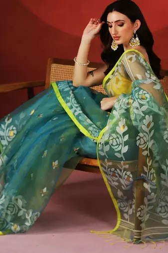 Teal blue yellow printed handloom jamdani saree