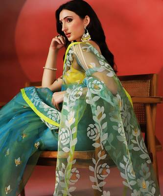 Teal blue yellow printed handloom jamdani saree 5