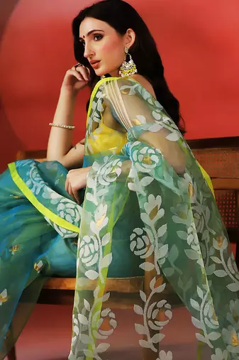 Teal blue yellow printed handloom jamdani saree