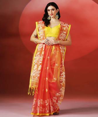 Coral orange printed handloom jamdani saree 1