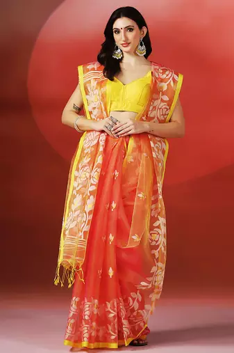 Coral orange printed handloom jamdani saree