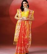 Coral orange printed handloom jamdani saree