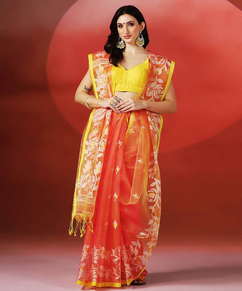 Coral orange printed handloom jamdani saree