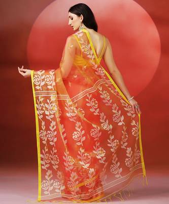 Coral orange printed handloom jamdani saree 2