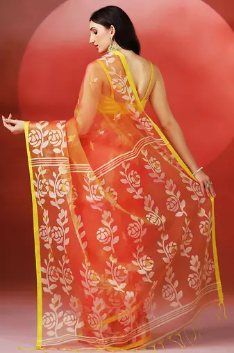 Coral orange printed handloom jamdani saree