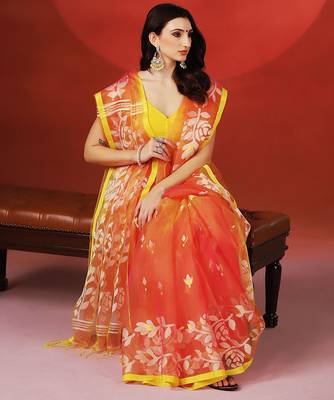 Coral orange printed handloom jamdani saree 3