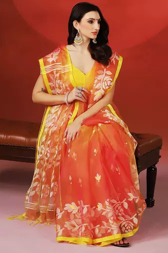 Coral orange printed handloom jamdani saree