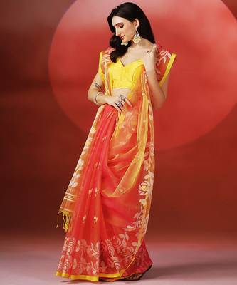Coral orange printed handloom jamdani saree 4