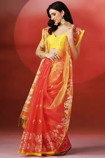 Coral orange printed handloom jamdani saree