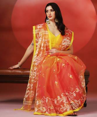 Coral orange printed handloom jamdani saree 5