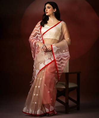 brown red handloom jamdani saree 1
