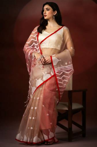 brown red handloom jamdani saree