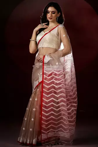 brown red handloom jamdani saree