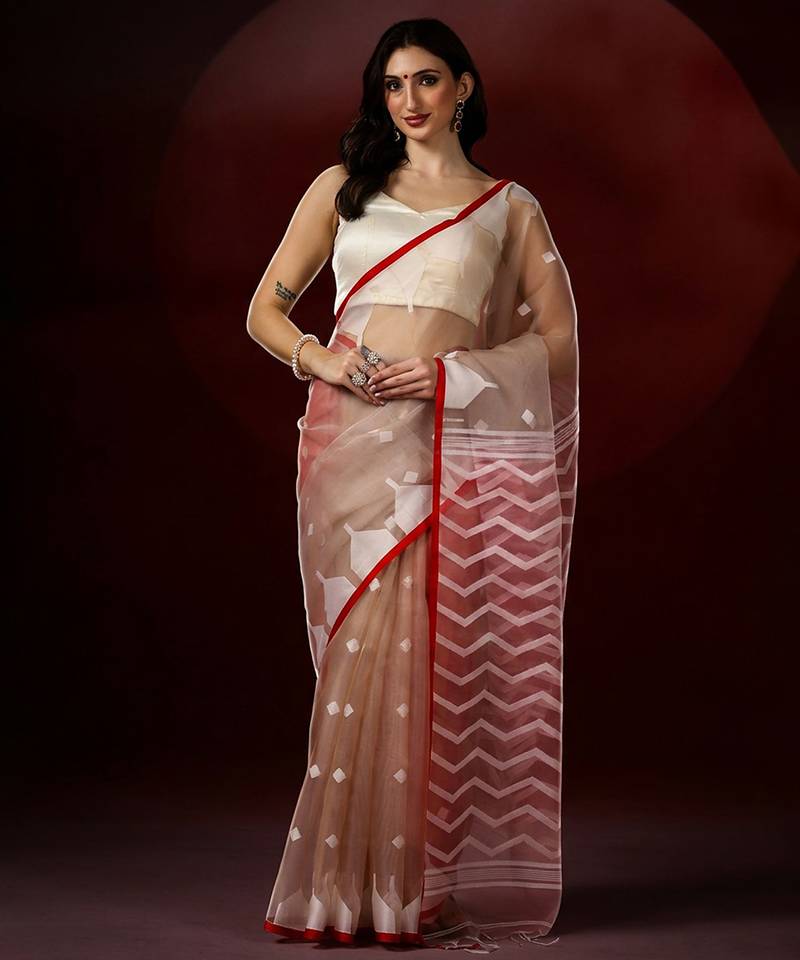 brown red handloom jamdani saree