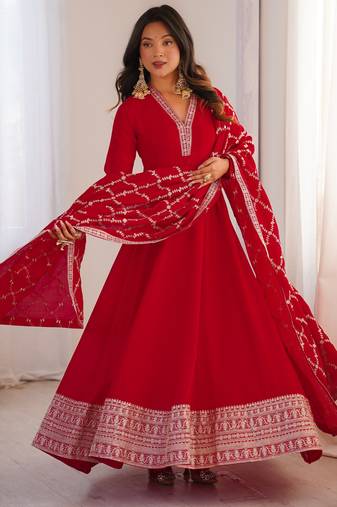 red  blooming silk blend  anarkali suit set