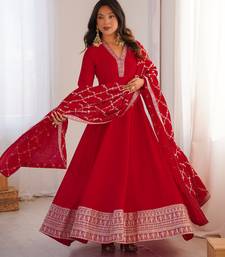 red  blooming silk blend  anarkali suit set