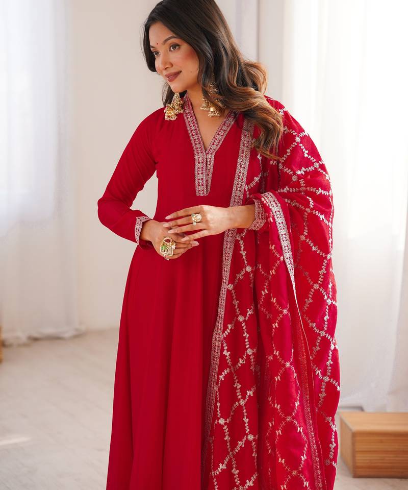 red  blooming silk blend  anarkali suit set