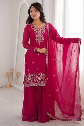 dark pink silk blend zari embroidered sequins palazzo suit festive wear