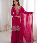 dark pink silk blend zari embroidered sequins palazzo suit festive wear