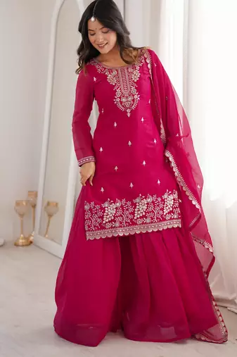 dark pink silk blend zari embroidered sequins palazzo suit festive wear