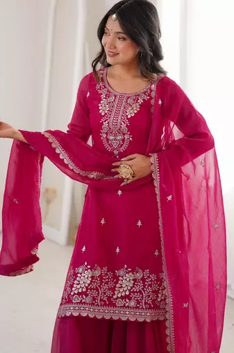 dark pink silk blend zari embroidered sequins palazzo suit festive wear
