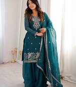 teal blue silk blend zari embroidered sequins palazzo suit festive wear