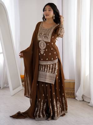 brown embroidery jari work silk blend kurti sharara with dupatta 2