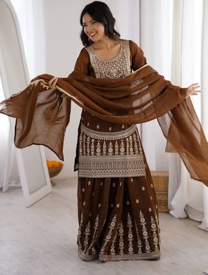 brown embroidery jari work silk blend kurti sharara with dupatta 3