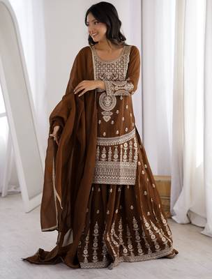 brown embroidery jari work silk blend kurti sharara with dupatta 4