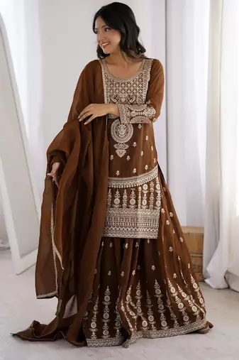 brown embroidery jari work silk blend kurti sharara with dupatta