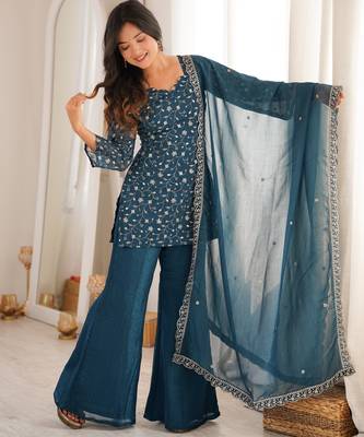 modern tealblue silk blend sequence work kurta bell bottom suit set 4